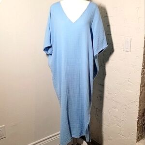 Anaak Dress Kaftan Short Sleeve Maxi Long V-Neck Gauzy Cotton Feminine Blue 0 XS
